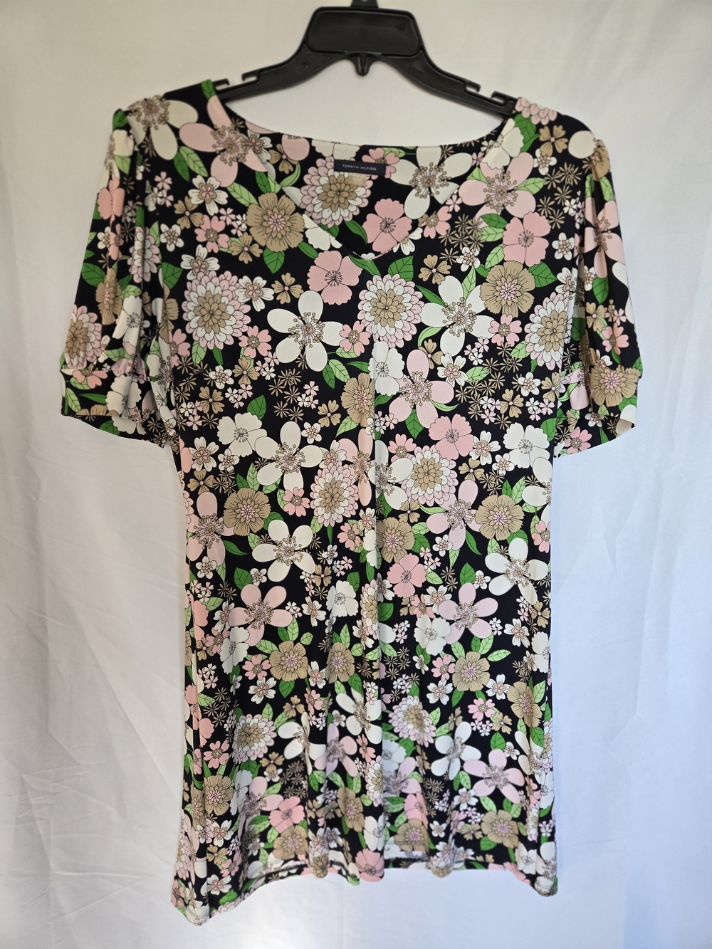Tommy Hilfiger Black Floral V-Neck Top with Pink & Green Accents